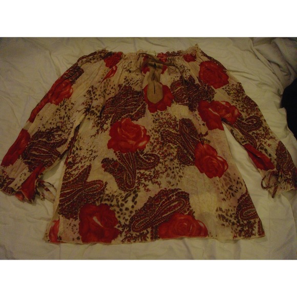 Caviar Tops - Caviar womens M rose design shear elastic off the shoulder tie front top shirt